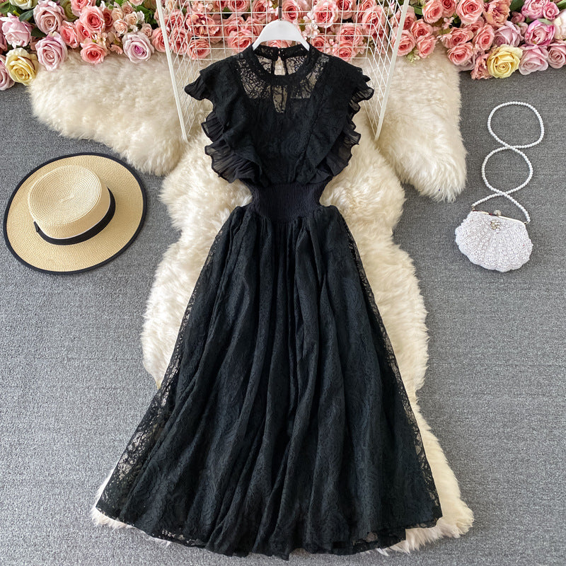 Free Shipping Spring and Autumn Lace Crewneck Dress Long-Sleeved Fashionable Slim-Fit Slimming Elegant Ruffled Long Dress