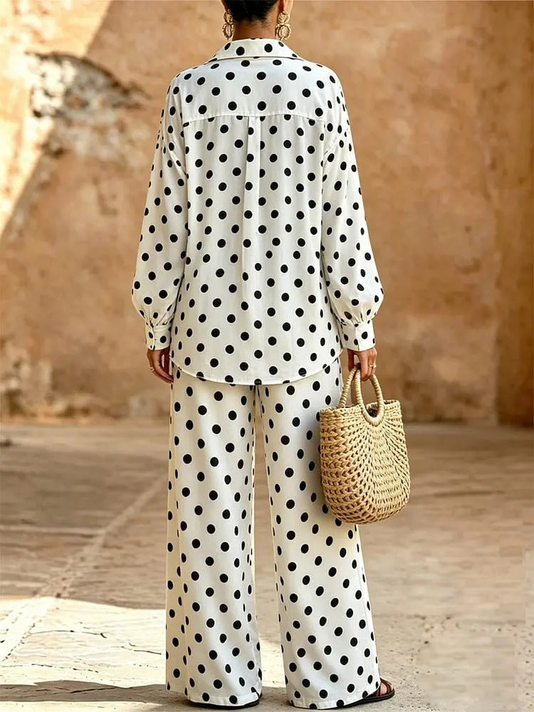 2026 Spring and Autumn Polka Dot Casual Suit for Women, Loose Wide-Leg Pants Two-Piece Set, Fashionable and Versatile Commuting Design