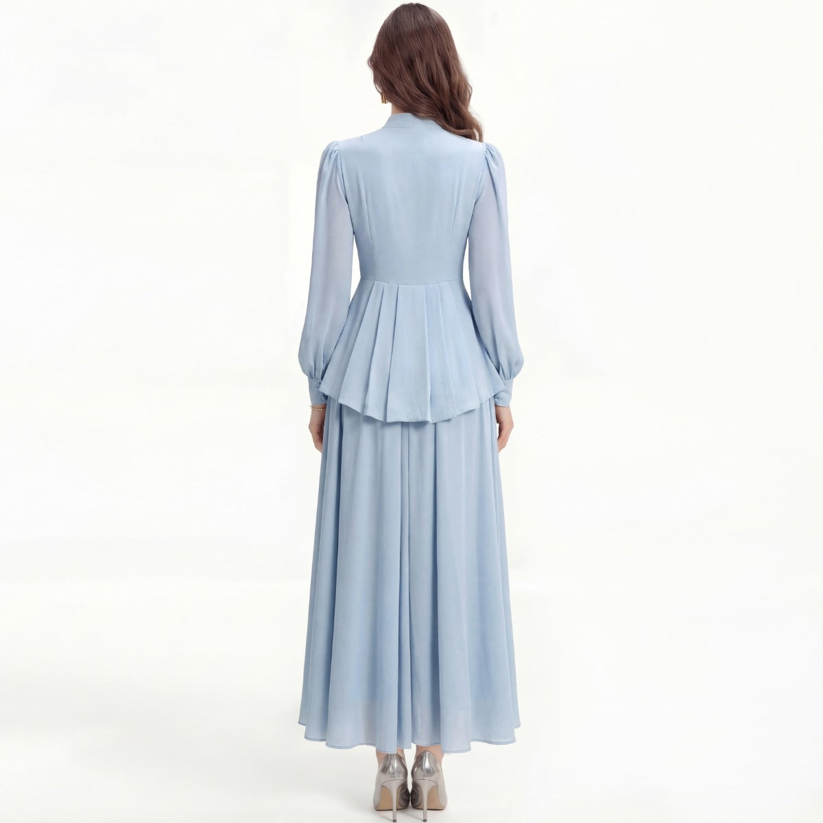 Real Shot of a High-End Chanel-Style Fashion Set: Elegant Long-Sleeve Slim-Fit Waist-Cinching Single-Breasted Pleated Dress