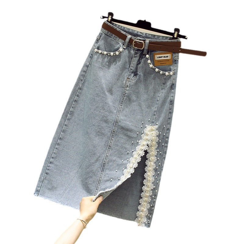 Disney-Inspired Enchanted Denim Ensemble: French Sweet Ruffled V-Neck Blouse & Split Lace Skirt