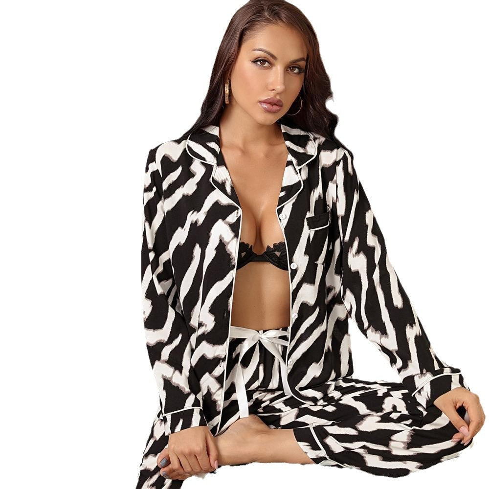 Amazon Cross-border Foreign Trade Home Clothes Striped Cardigan Long-sleeved Top Trousers Can Wear Home Pajamas Women's Suit
