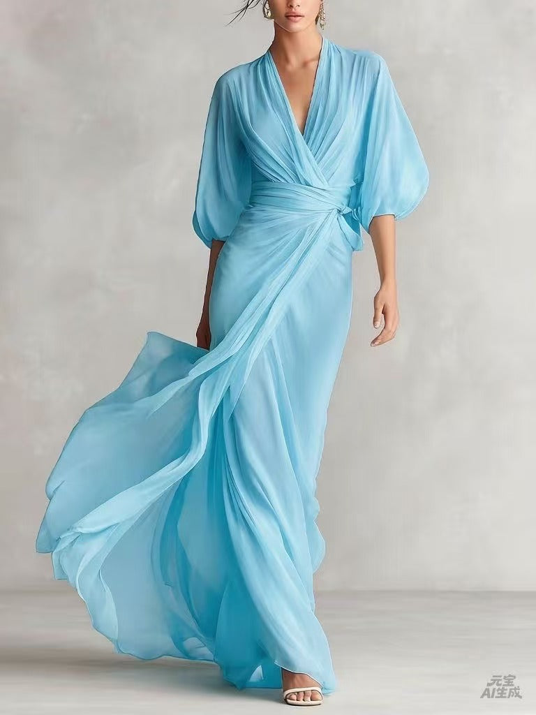 2026 European and American Amazon Socialite Deep V-Neck Long Dress with Lantern Sleeves and Cinched Waist for Romantic Autumn Banquets