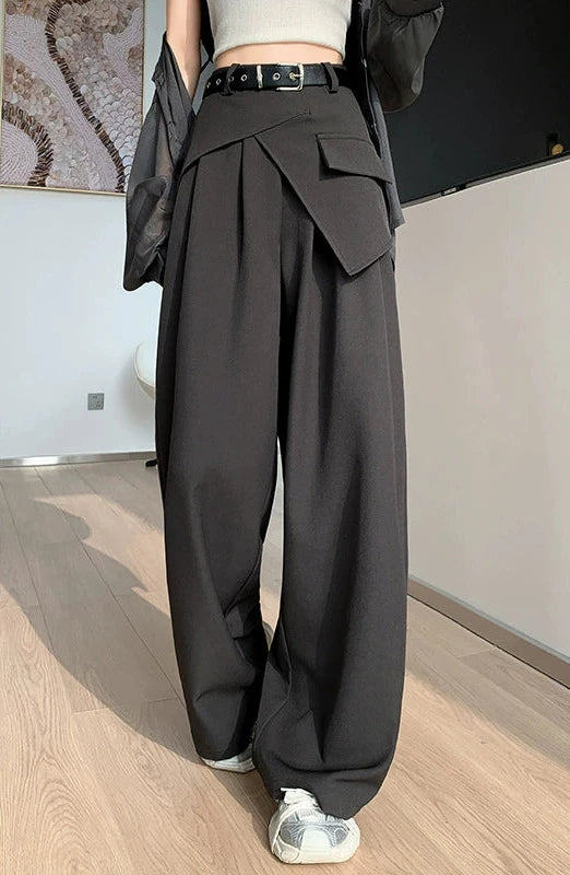 High-End Faux Two-Piece Draped Suit Wide-Leg Pants for Women, 2026 Spring New High-Waisted Slimming Casual Straight-Leg Floor-Length Pants