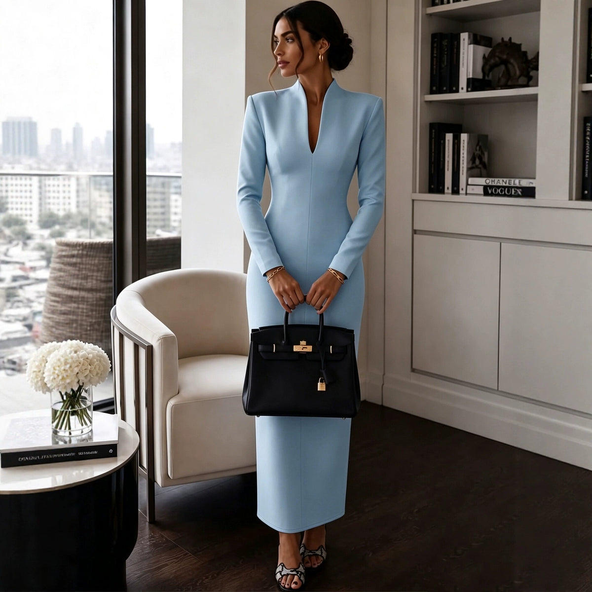 2026 Amazon Independent Station Cross-Border Stand Collar V-Neck Long Sleeve Waist-Cinching Bodycon Dress Gown Light Luxury