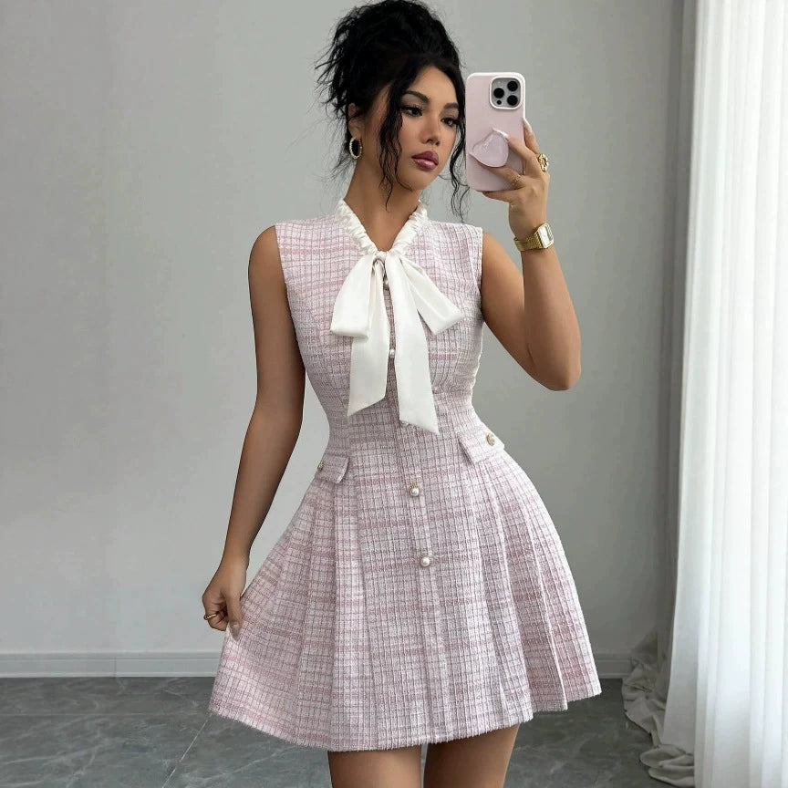 2026 New European and American Style Pink Sleeveless Dress with Bow, Stand Collar, Pearl Buttons, and Waist-Cinching A-Line Design