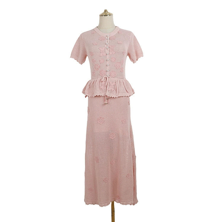Hollow Knit Two-Piece Look Dress for Women, Summer Crochet Floral Pearl Button Waist-Cinching Drawstring Pendant Ruffle Mid-Length Dress