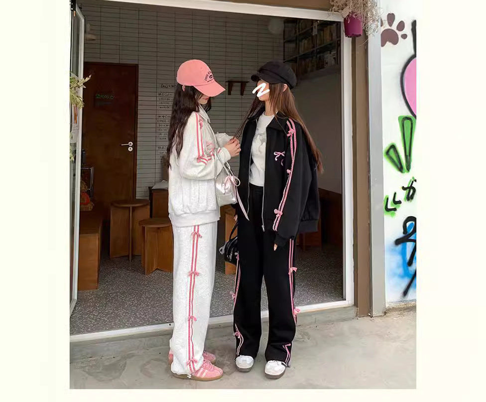Hua Mian Academy Style Early Spring Wear Set 2024 New Bow Sports Casual Sweatshirt Coat Women's Straight Pants