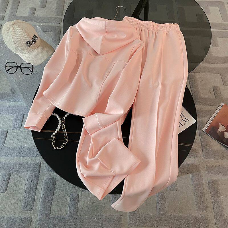 Elegant Casual Sports Suit for Women, Spring and Autumn Thin Style, Slim-Fit Long-Sleeve Hooded Sweatshirt, Wide-Leg Pants, Two-Piece Running Set