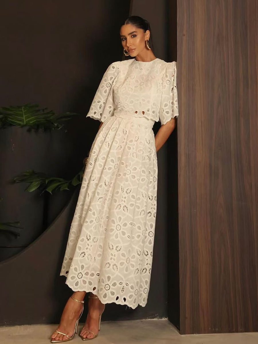 French Palace-Style Floral Hollow-Out Two-Piece Set 2026 New Model Round-Neck Short-Sleeve Top + High-Waisted Skirt
