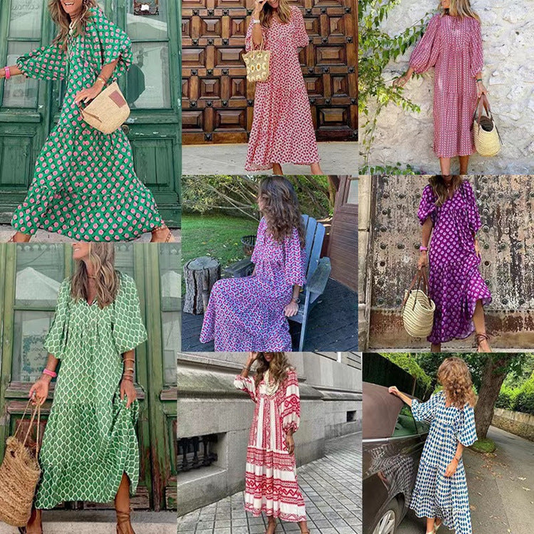 2023 Autumn New Independent Station Best Selling Geometric Print Puff Sleeve Dress Street Street Street Plus Size Women's Clothing