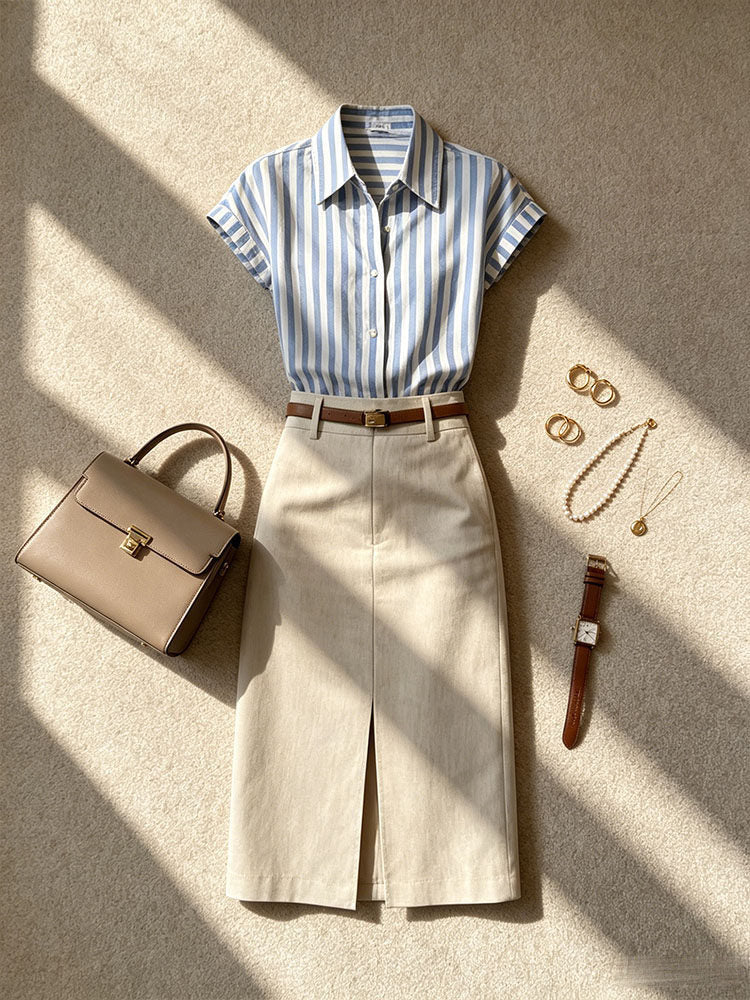 French-Style Striped Shirt and Skirt Set for Women, 2026 Summer New Style, Petite Commuter Professional Outfit Two-Piece Set