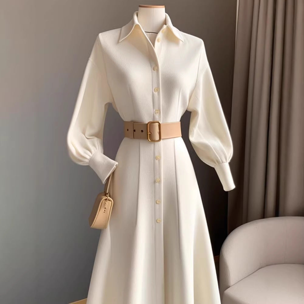 High-End, Stylish, and Fashionable White Dress for Commuting, Korean Style, New Autumn and Winter Model, Waist-Cinching, Slimming Shirt-Style A-Line Dress