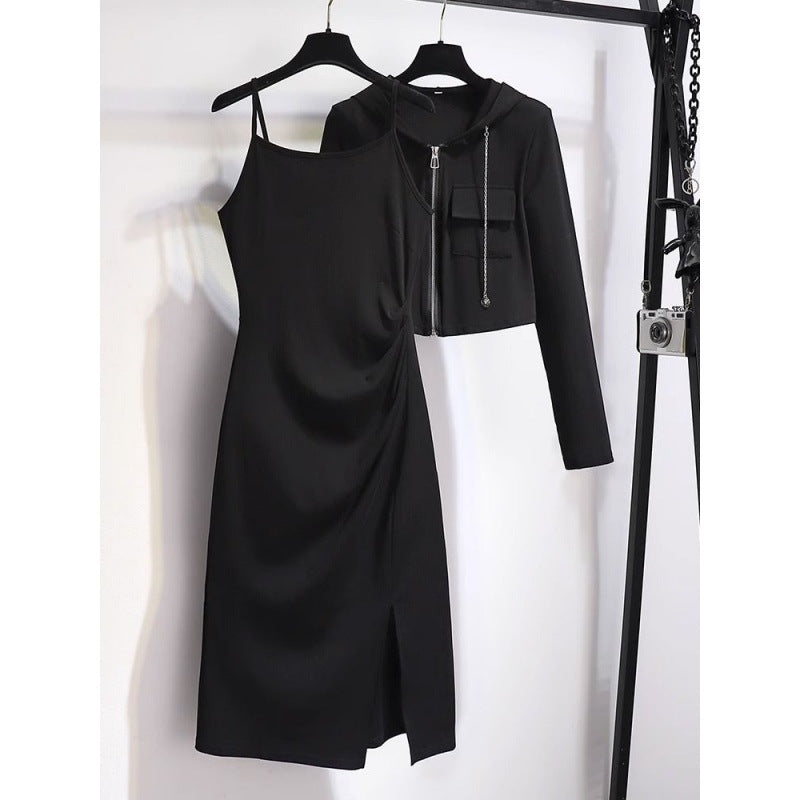 Hooded Long-Sleeved Cardigan Top with Suspender Dress for Women 2024 Spring New Slimming Look Two-Piece Set