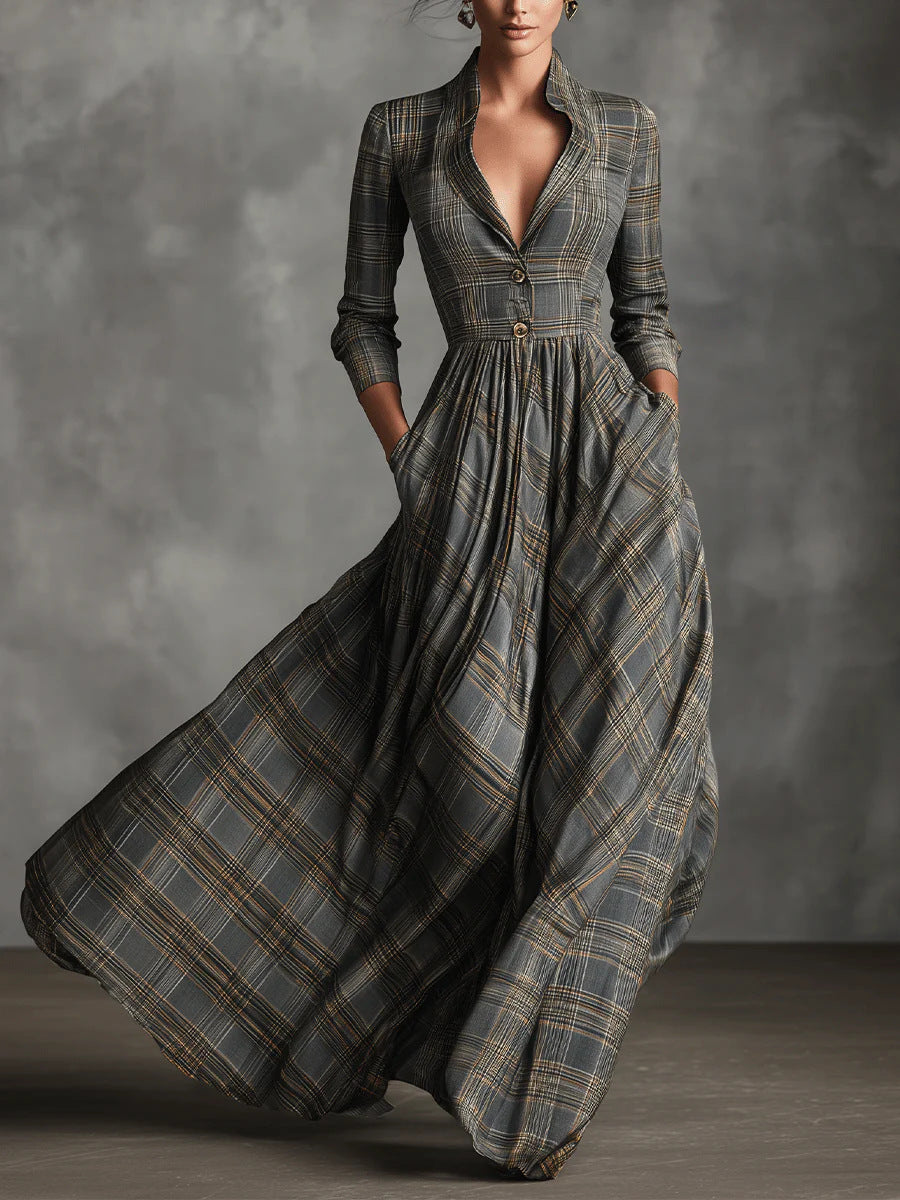 2025 Cross-Border European and American Clothing Autumn and Winter Retro Plaid Long Skirt with Elegant Elegant V Neck French Style Dress