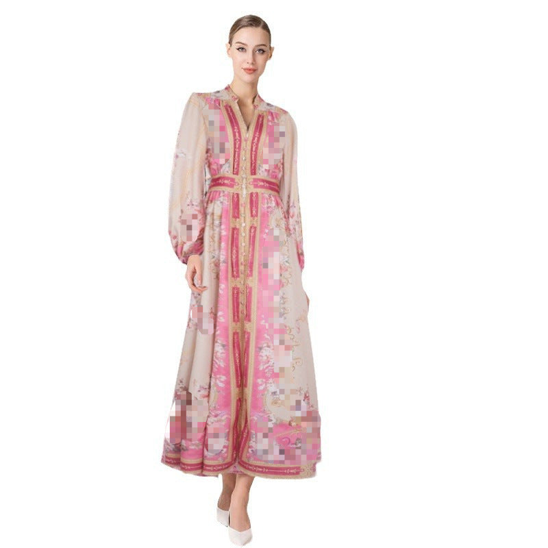 Enchanted 2025 Floral Lantern Sleeve Stand-Up Collar Holiday Midi Dress