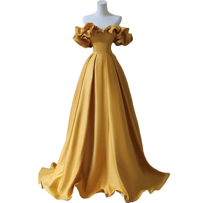 off-shoulder banquet evening dress dress women's satin yellow temperament light luxury niche high-end art test host dress