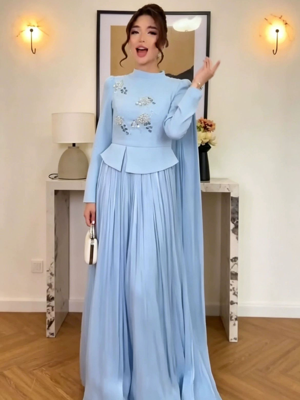 Spring 2026 European and American Amazon Cross-Border Heavy-Duty Rhinestone and Pearl Long-Sleeve Chiffon Dress
