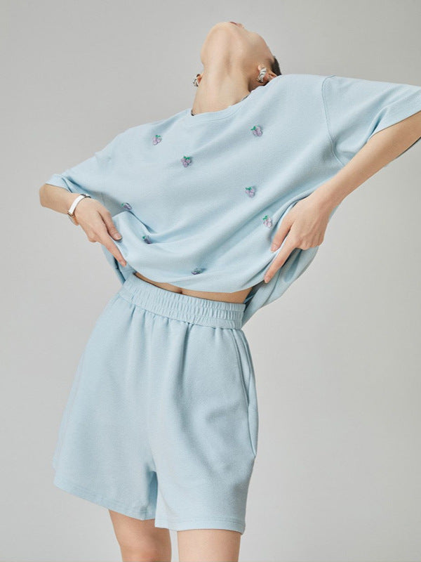 Baby Blue Grape Beaded Casual Sports Suit Women's Summer 2025 New Shorts T-Shirt Two-Piece Set Trendy