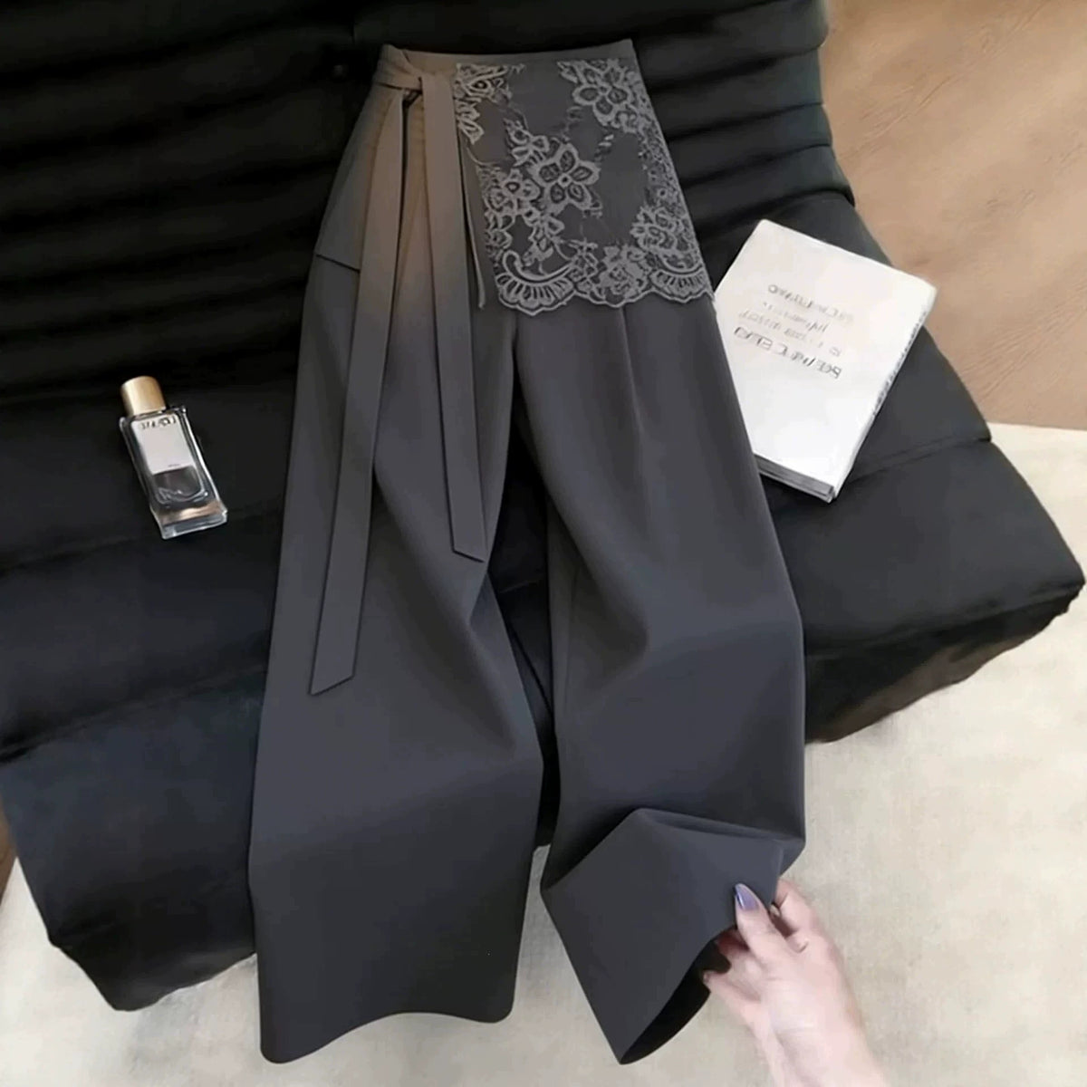 Gray Faux Two-Piece Lace-Trimmed Suit Pants for Women, 2026 Summer Trendy New Korean Style High-End Wide-Leg Pants