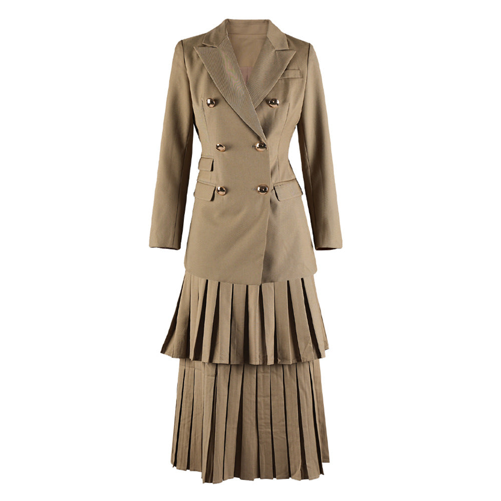 French Temperament High-end Professional suit Women's Spring New Double-breasted Suit Jacket Pleated Overskirt Two-piece Set
