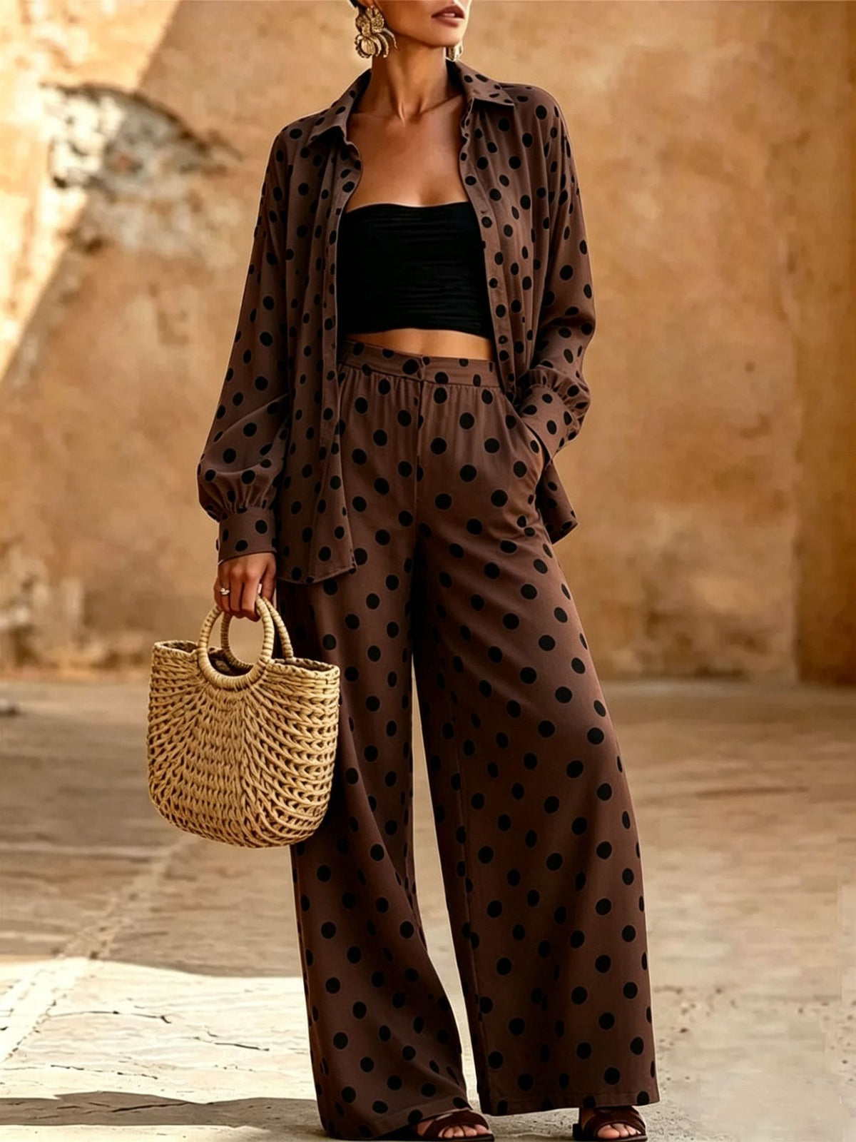 2026 Spring and Autumn Polka Dot Casual Suit for Women, Loose Wide-Leg Pants Two-Piece Set, Fashionable and Versatile Commuting Design