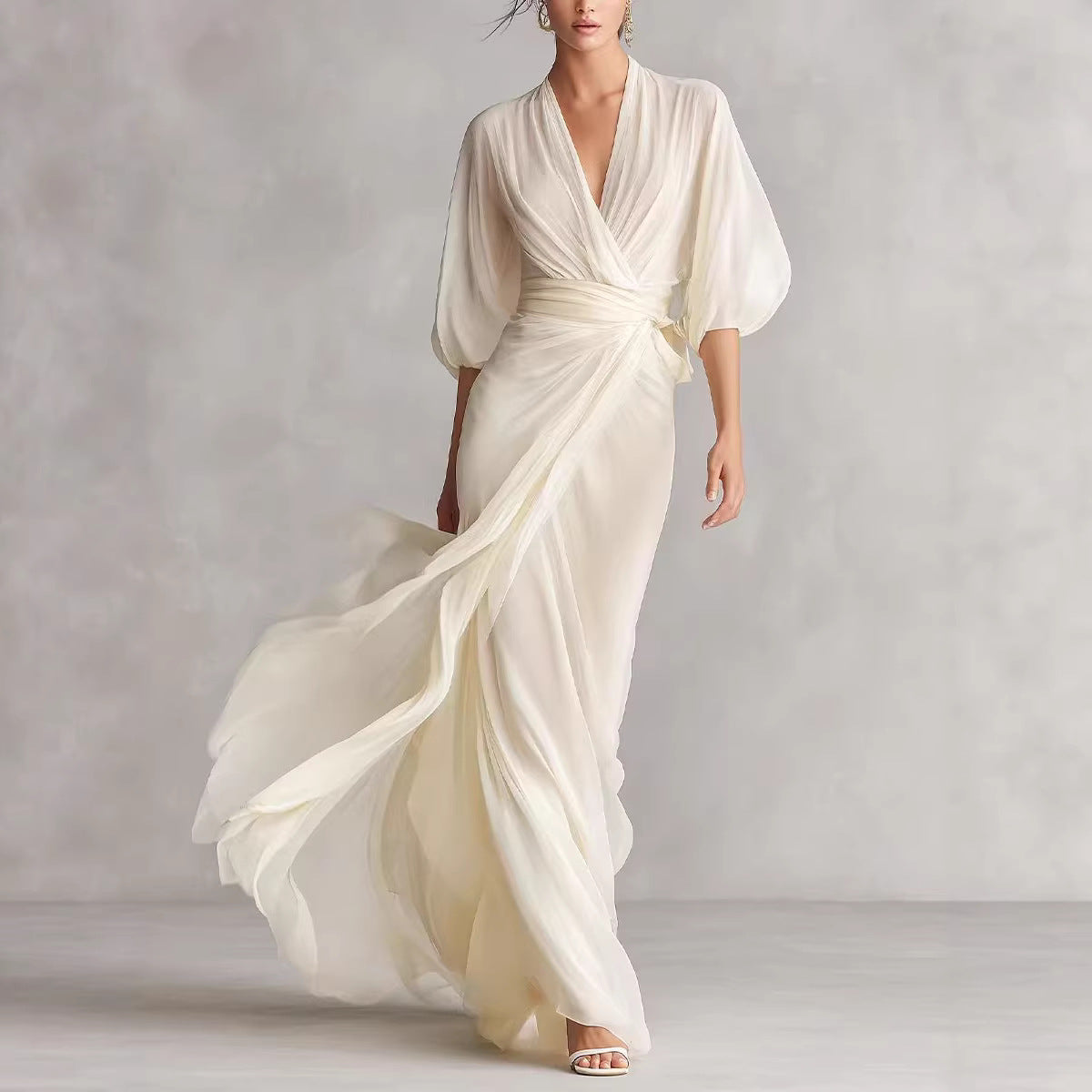 2026 European and American Amazon Socialite Deep V-Neck Long Dress with Lantern Sleeves and Cinched Waist for Romantic Autumn Banquets