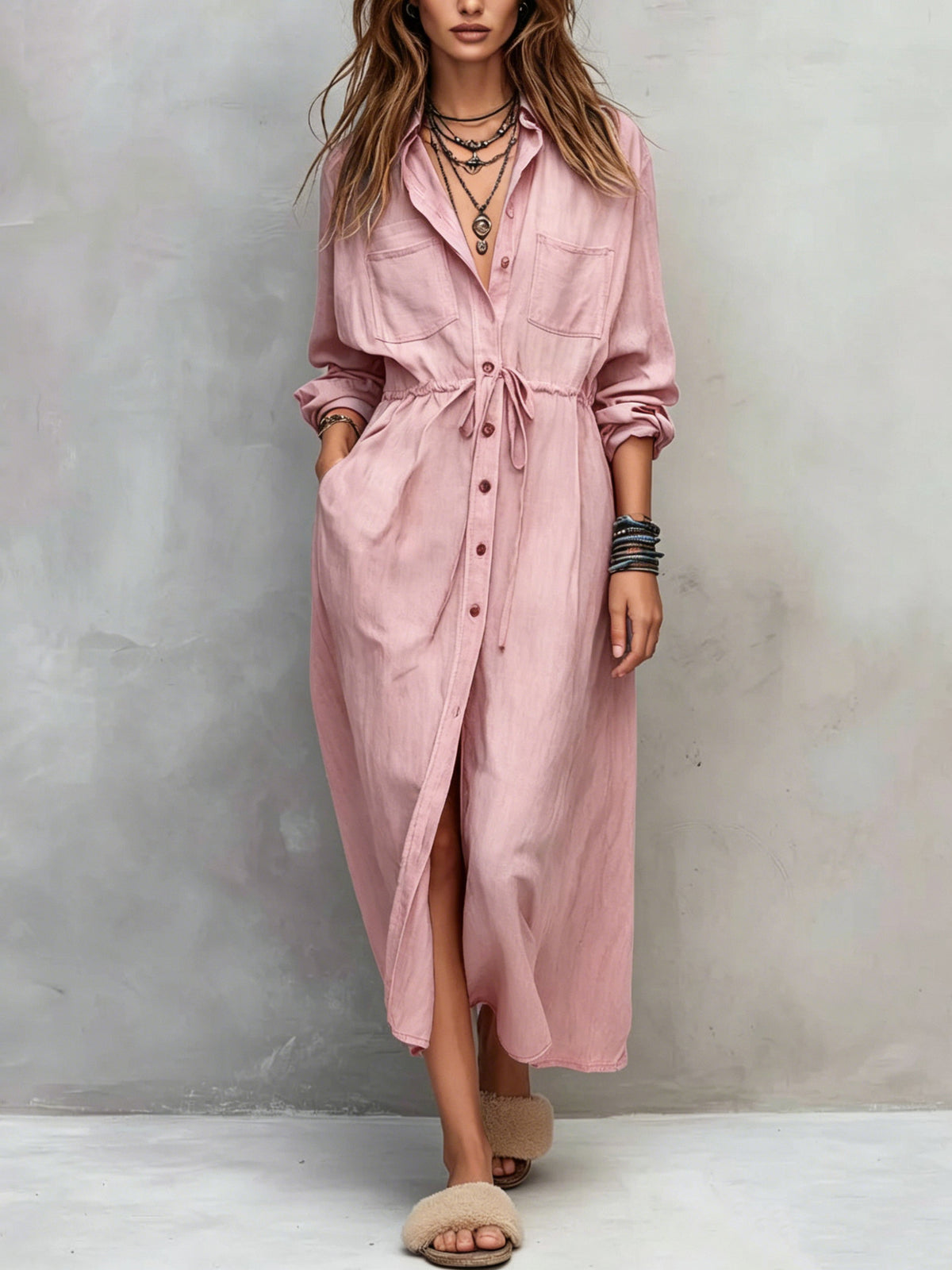 2026 Spring and Autumn Collection Independent Store Amazon European and American Casual New Drawstring Waist Shirt Dress Loose Dress
