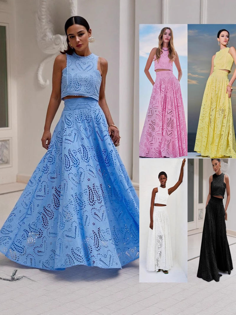 2025 Cross-border European and American Spring and Summer New Lace Women's Sleeveless Dress Pocket suit Casual Loose Two-piece Set