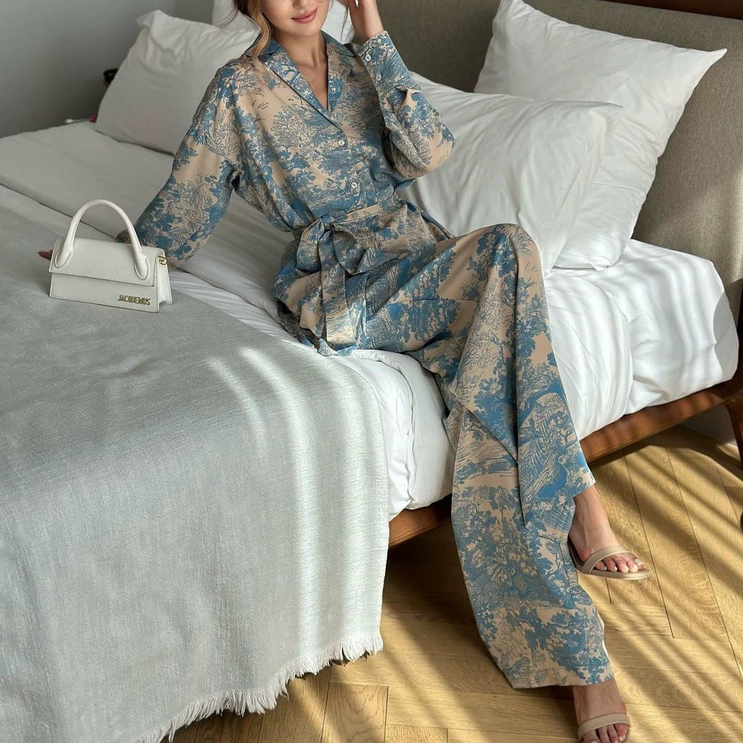 European and American Cross-border in stock 2025 Spring and Summer New Fashion French Printed Long-sleeved Lace-up Shirt High Waist Wide-leg Pants for Women