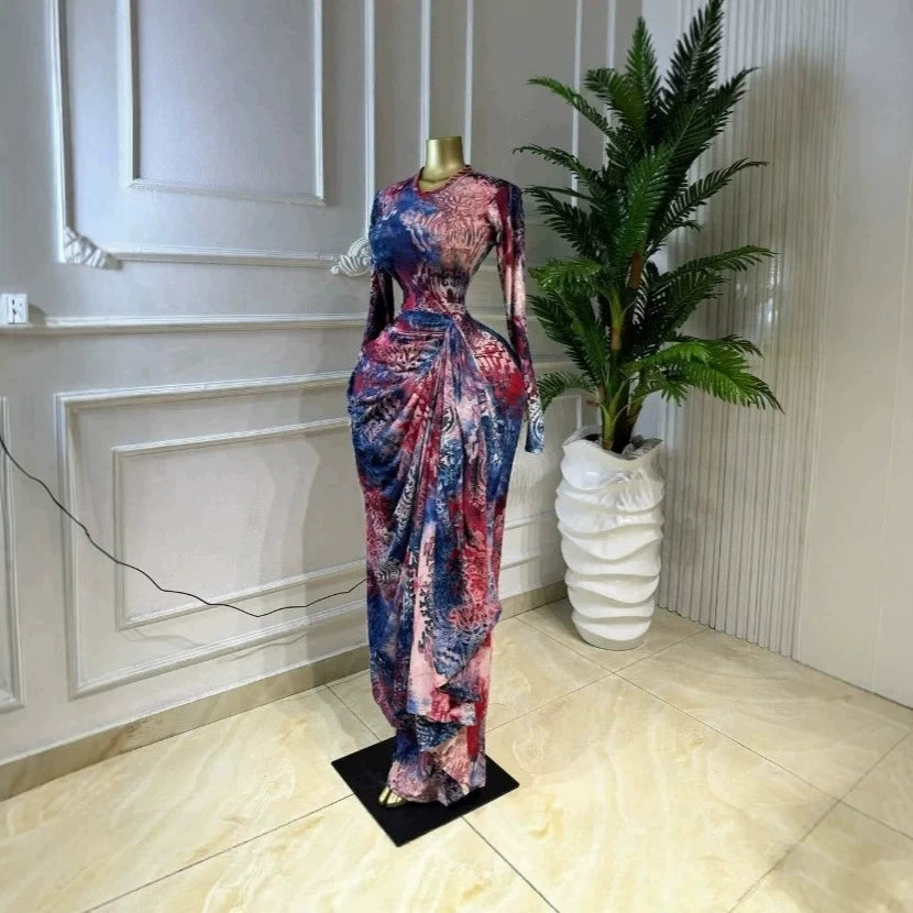 In-Stock 2026 Spring/Summer Cross-Border Ins European and American Style Printed Long Sleeve Ruched Dress Elegant Vacation Long Dress
