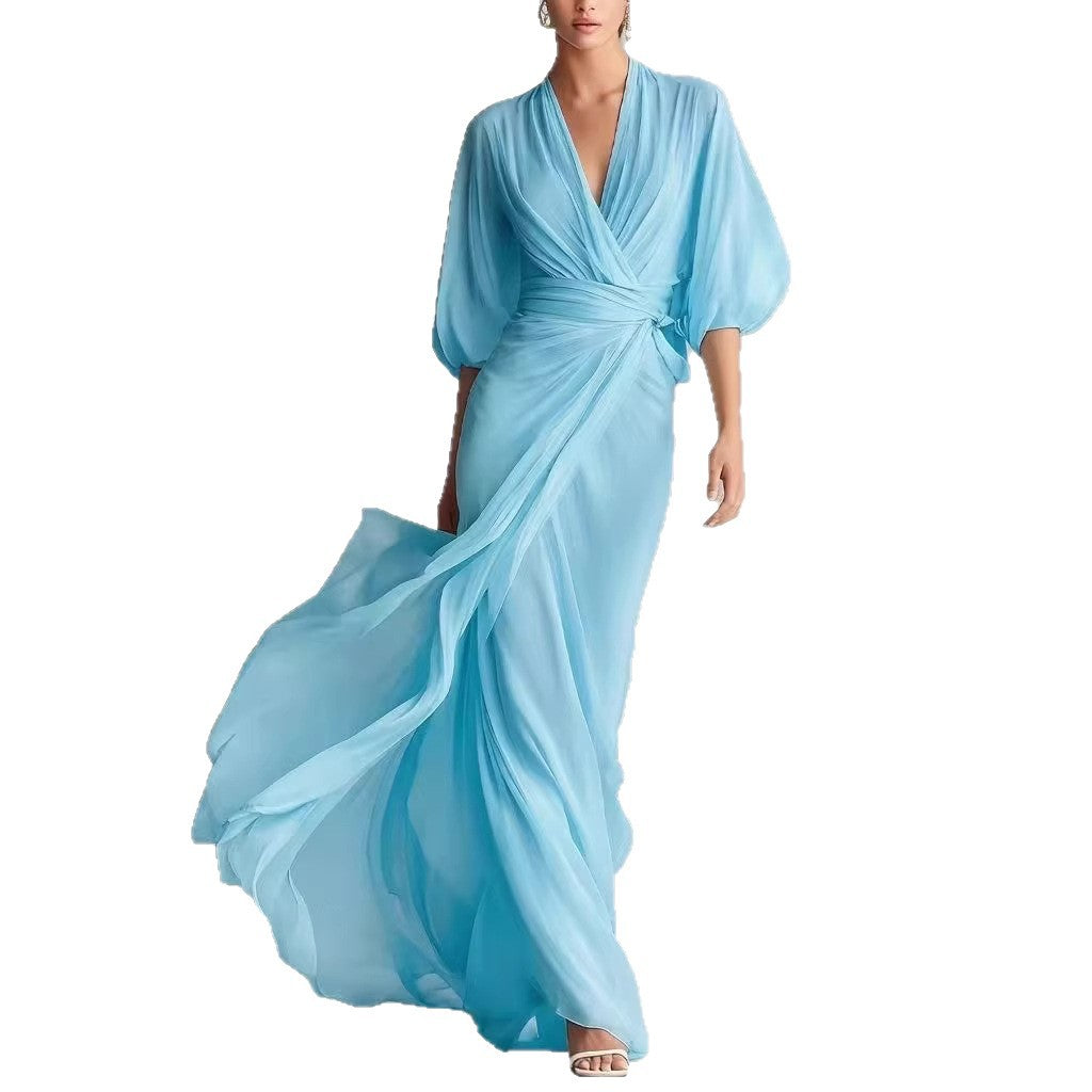 2026 European and American Amazon Socialite Deep V-Neck Long Dress with Lantern Sleeves and Cinched Waist for Romantic Autumn Banquets