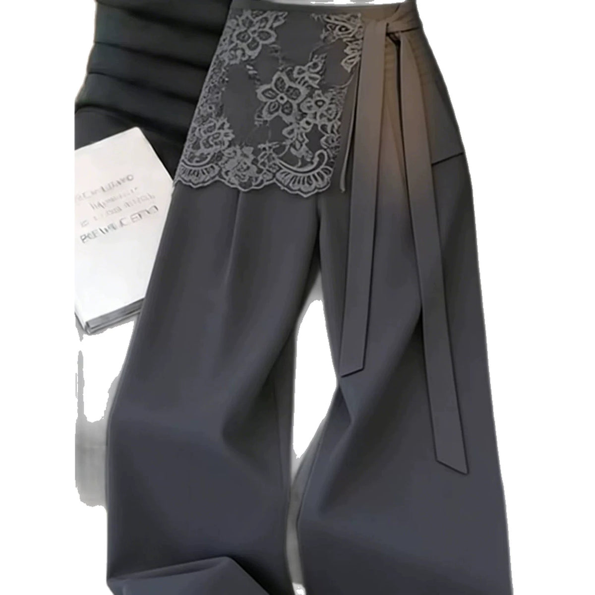 Gray Faux Two-Piece Lace-Trimmed Suit Pants for Women, 2026 Summer Trendy New Korean Style High-End Wide-Leg Pants