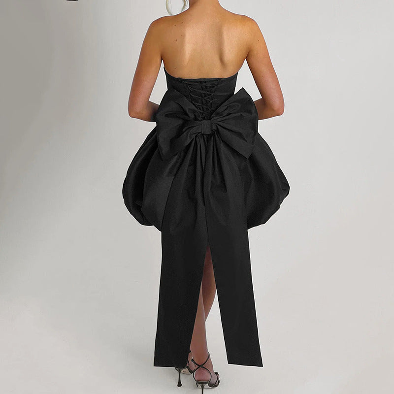 Xy25044 Full-Coverage Tk Hot-Selling Bow-Tie Strapless Dress Short Skirt Sexy Tie-Up Slit Evening Dress for Women