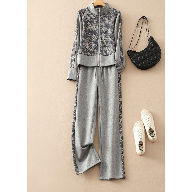 Gray Casual Sportswear Suit for Women in Autumn and Winter Korean Style Loose and Stylish Age-Reducing Cardigan Sweatshirt Casual Pants Two-Piece Set