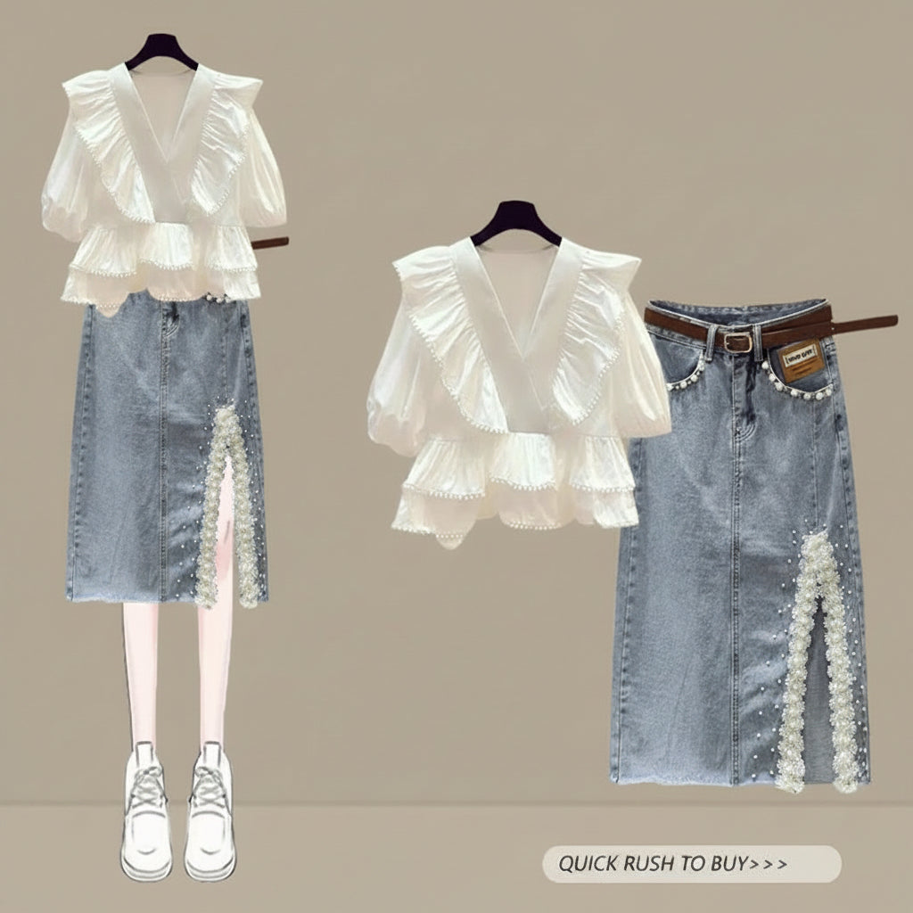 Disney-Inspired Enchanted Denim Ensemble: French Sweet Ruffled V-Neck Blouse & Split Lace Skirt