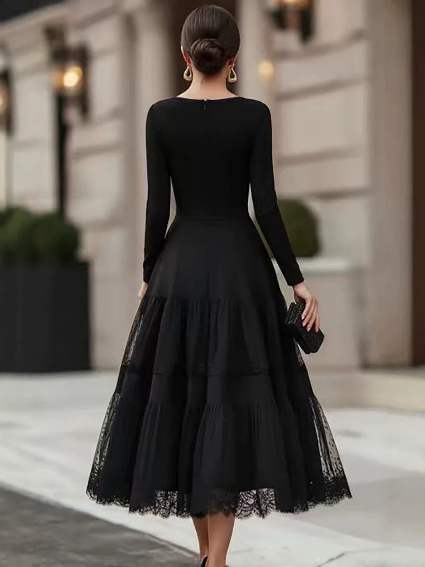 Disney Enchanted 2026 Autumn Collection: Elegant French-Style Mesh Patchwork Long-Sleeve Dress