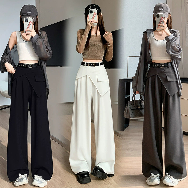 High-End Faux Two-Piece Draped Suit Wide-Leg Pants for Women, 2026 Spring New High-Waisted Slimming Casual Straight-Leg Floor-Length Pants