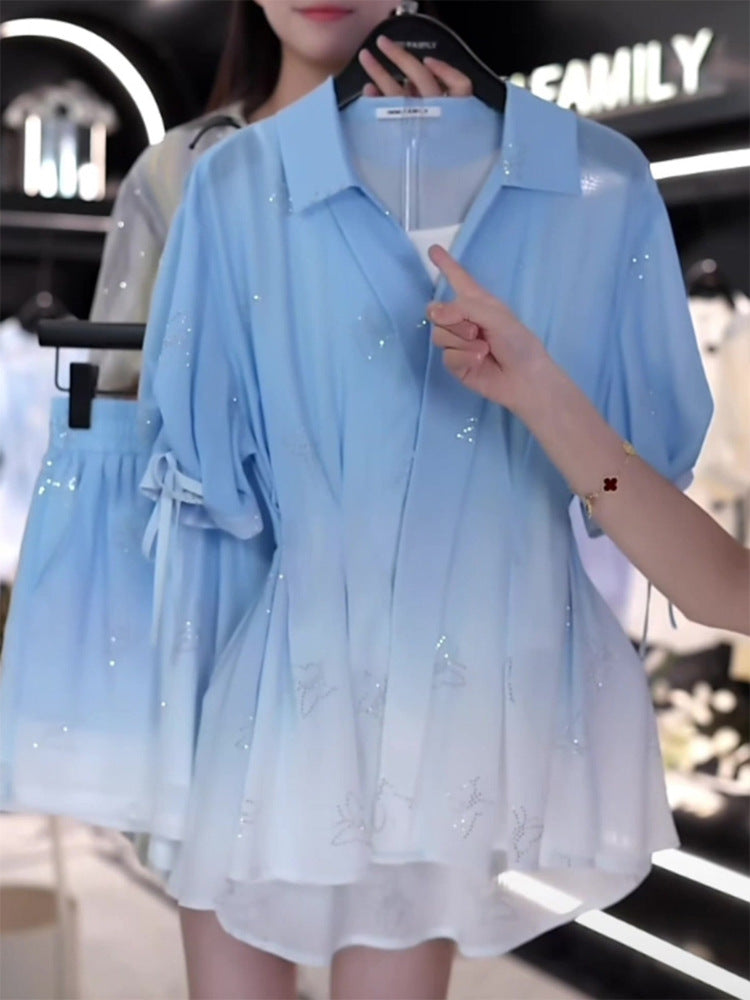 Enchanted French Gradient Waist Shirt: Elegant Disney-Inspired Summer Fashion for Women