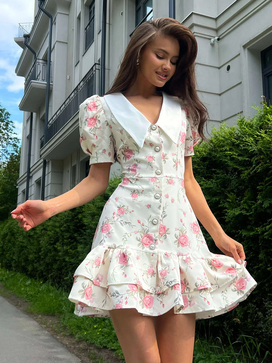 Cross-border French V-neck Puff Sleeve dress European and American 2025 Summer Waist Printed Skirt Ruffled dress