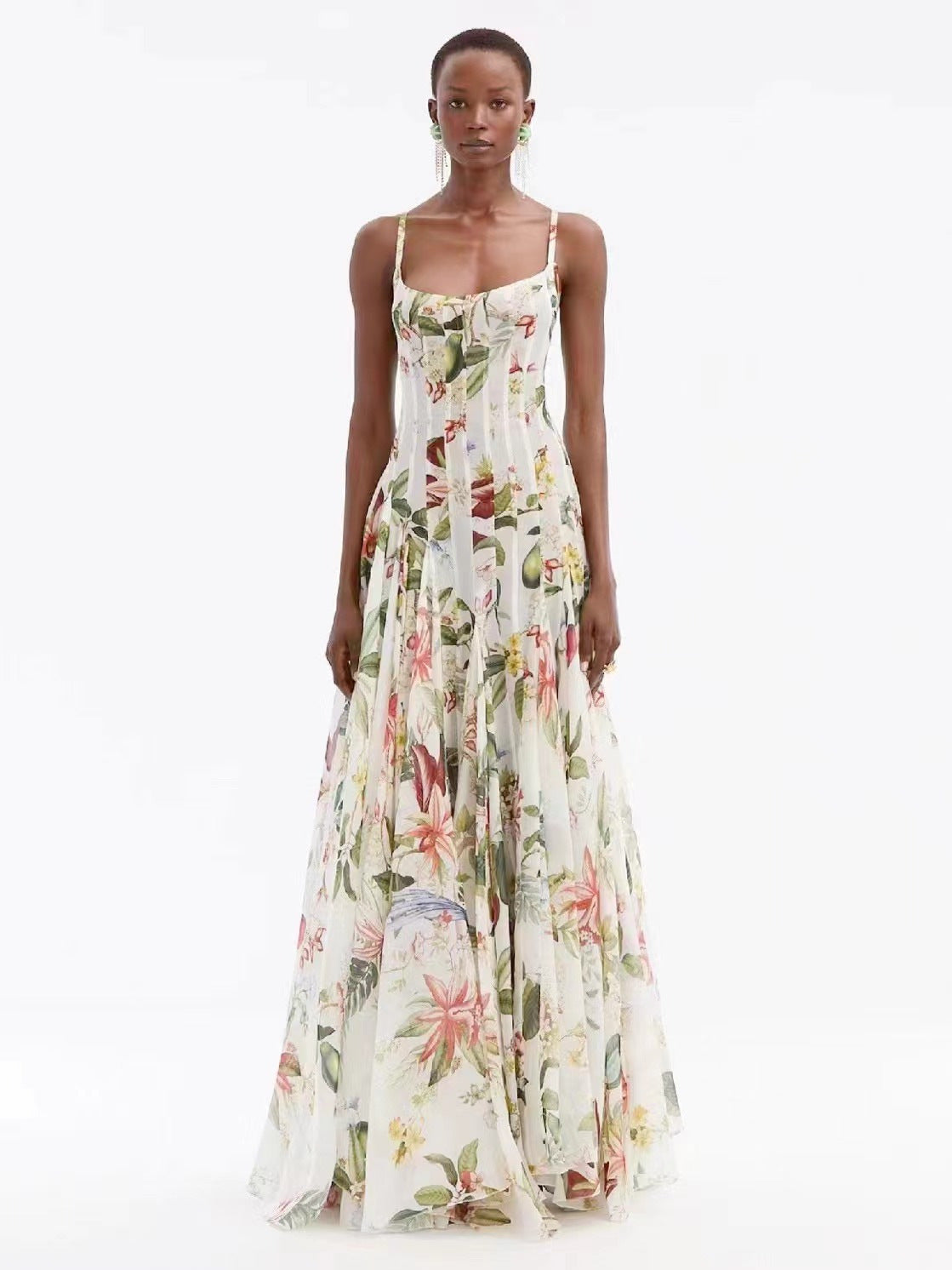 Australian Niche 2024 Summer New Sling U-Neck Sleeveless Printed Waist Hollow Long dress Women