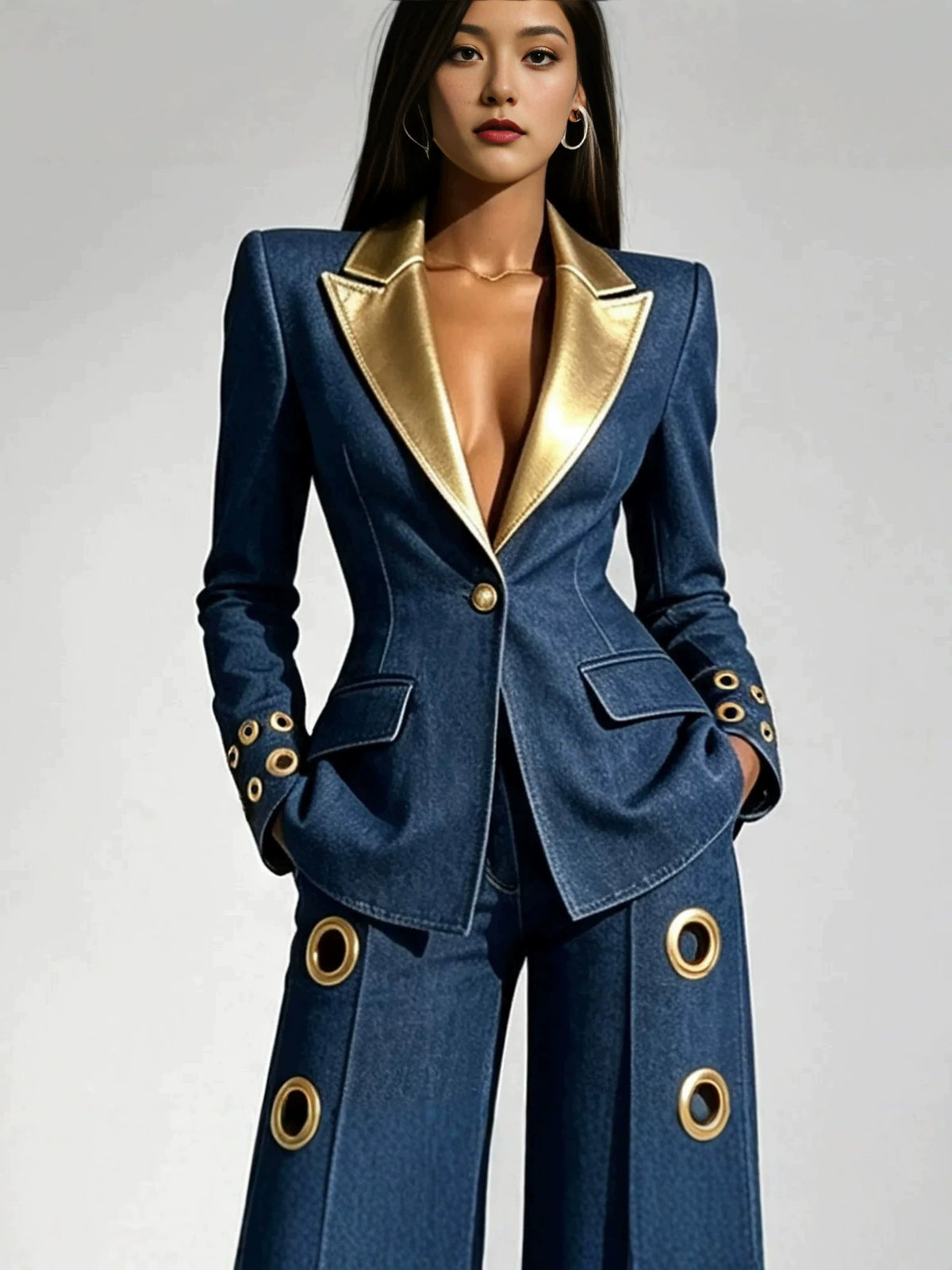 2026 European and American Autumn New Style Metal Eyelet Women's Solid Color Jacket + Jeans Set