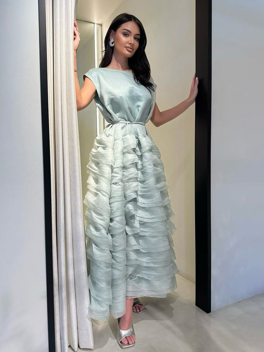 Fresh and Sweet Style Dress 2025 New Classic Round Neck Short-Sleeve Waist-Cinching Slimming Multi-Layer Ruffle Long Dress