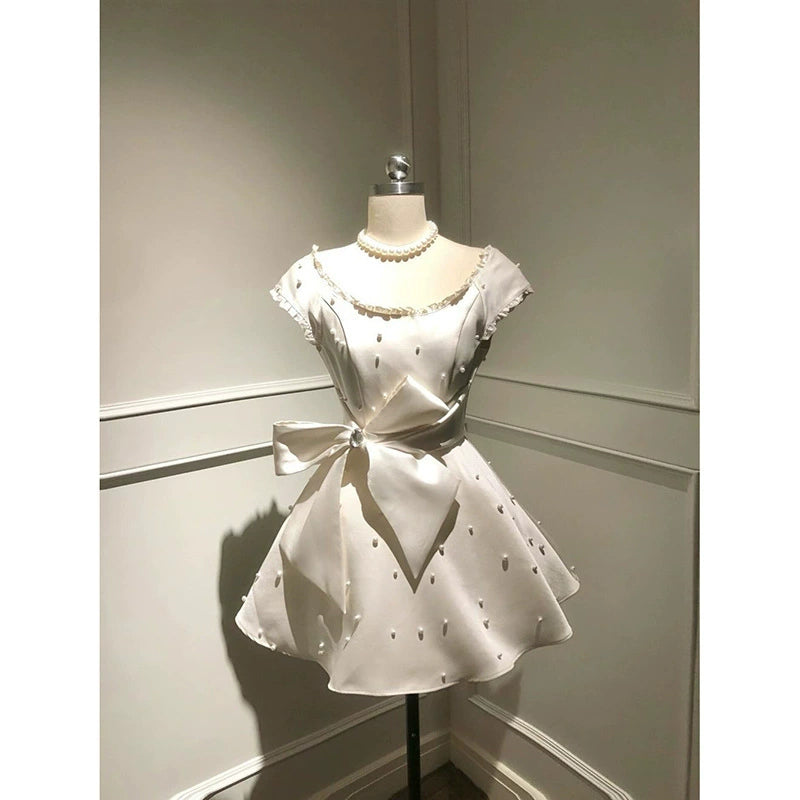 French High-End Light Luxury Pearl Bow Diamond Dress Women's Summer Temperament Princess Waist Puffy Skirt