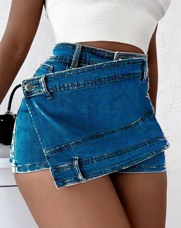 Plus Size Women's A-Line High-Waisted Irregular Wide-Leg Pants Korean Style Slimming Denim Skirt Pants Shorts Trendy Ins Fashion Brand