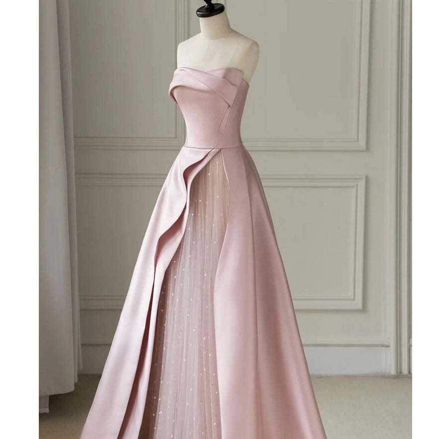 Pink Strapless Evening Dress 2026 Spring and Autumn New Style Engagement Party Toast Dress Birthday Party Host Evening Dress