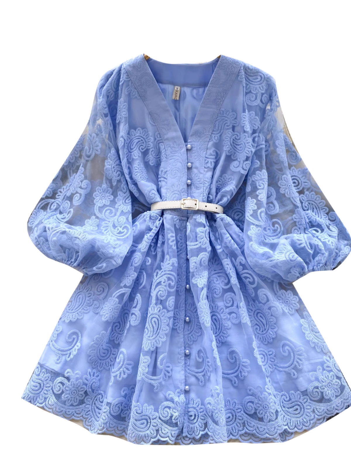 French-Style Sweet Palace V-Neck Lantern Sleeve Heavy Embroidery Waist-Slimming Single-Breasted A-Line Elegant Dress for Women