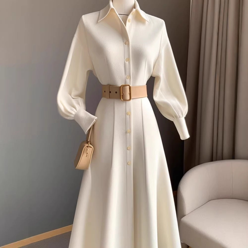 High-End, Stylish, and Fashionable White Dress for Commuting, Korean Style, New Autumn and Winter Model, Waist-Cinching, Slimming Shirt-Style A-Line Dress