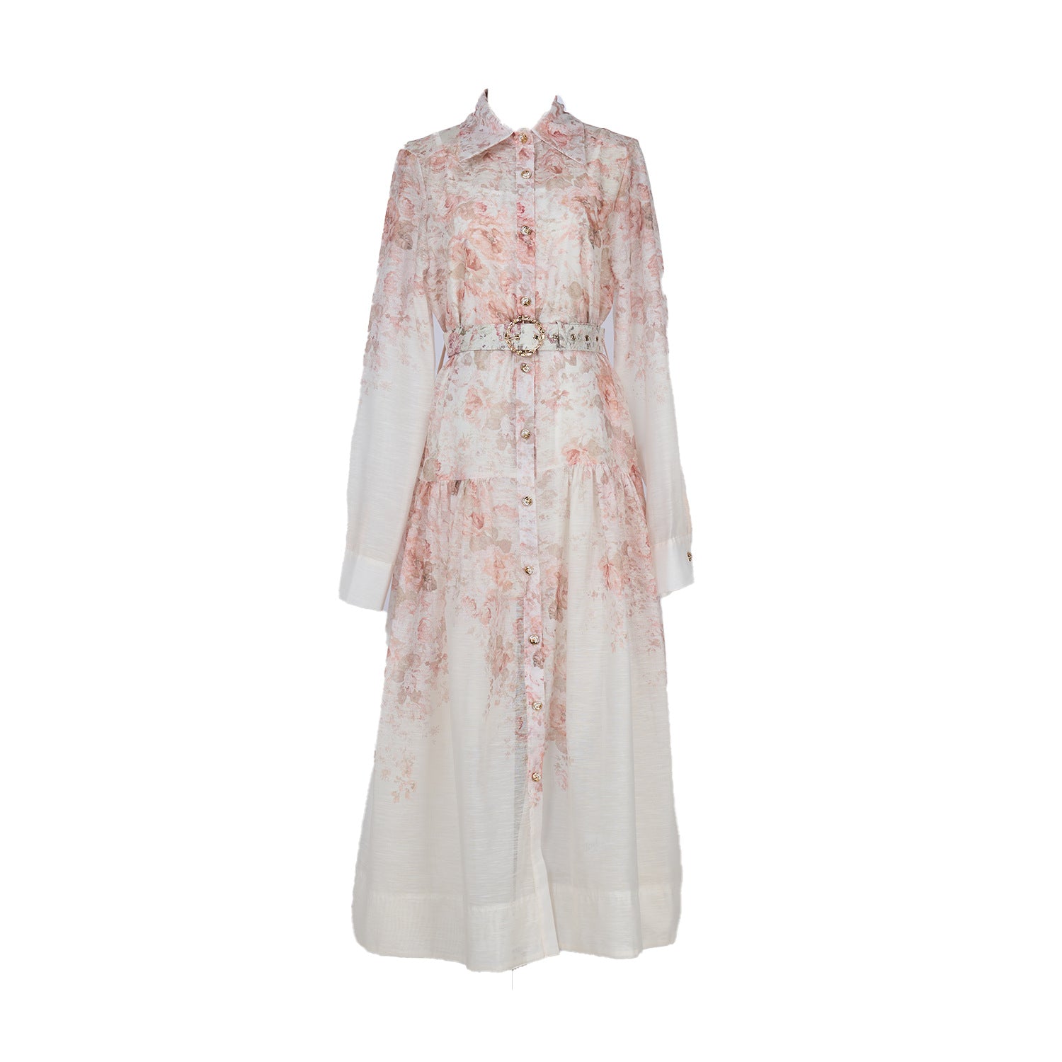 European and American Style Long-Sleeve Dress with a Wide Hem, Belt, Single-Breasted Design, and Printed Pattern, Suitable for the Beach in Sanya