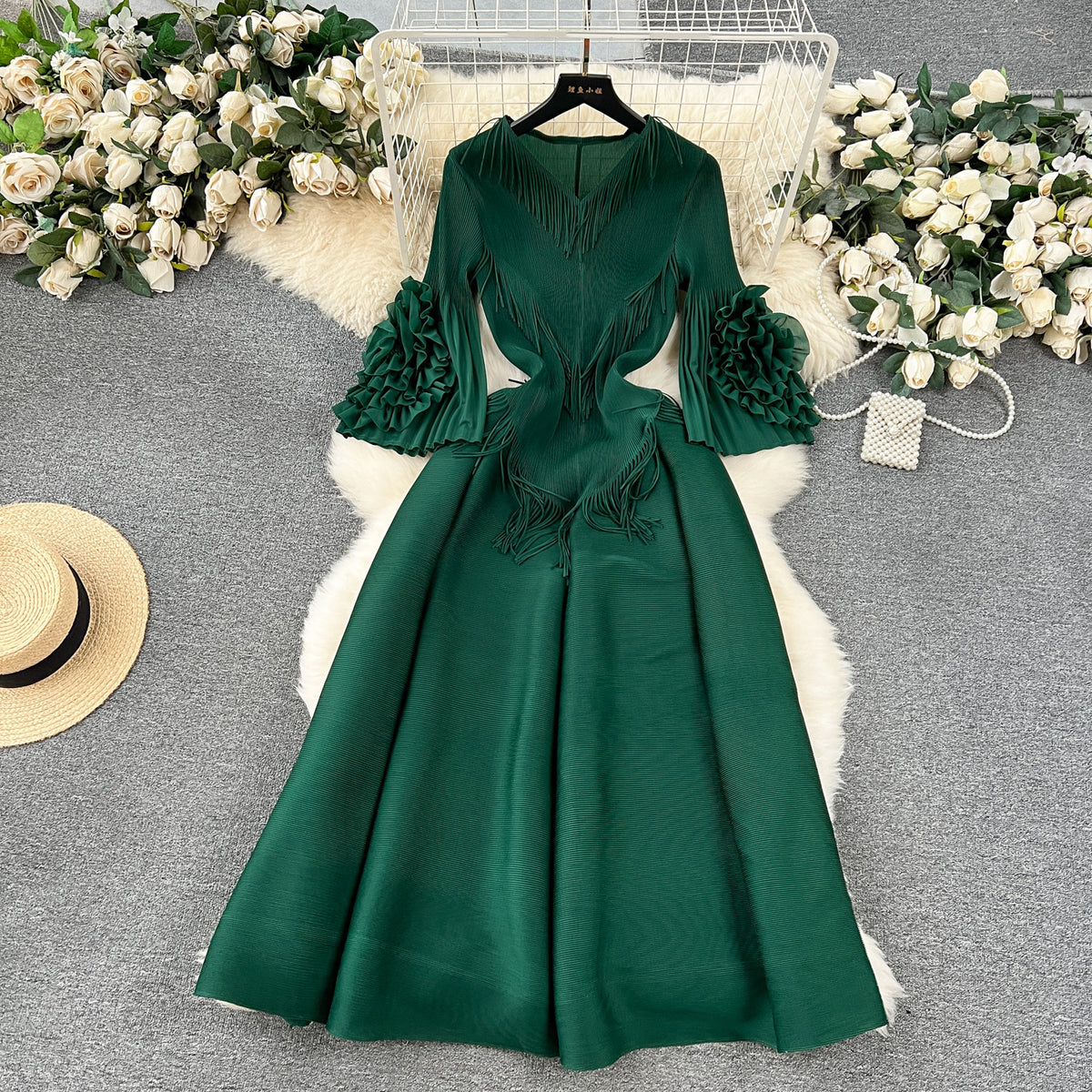 European style court style dress women's design tassel V-neck slim-fit long heavy-duty pleated bell sleeve dress women
