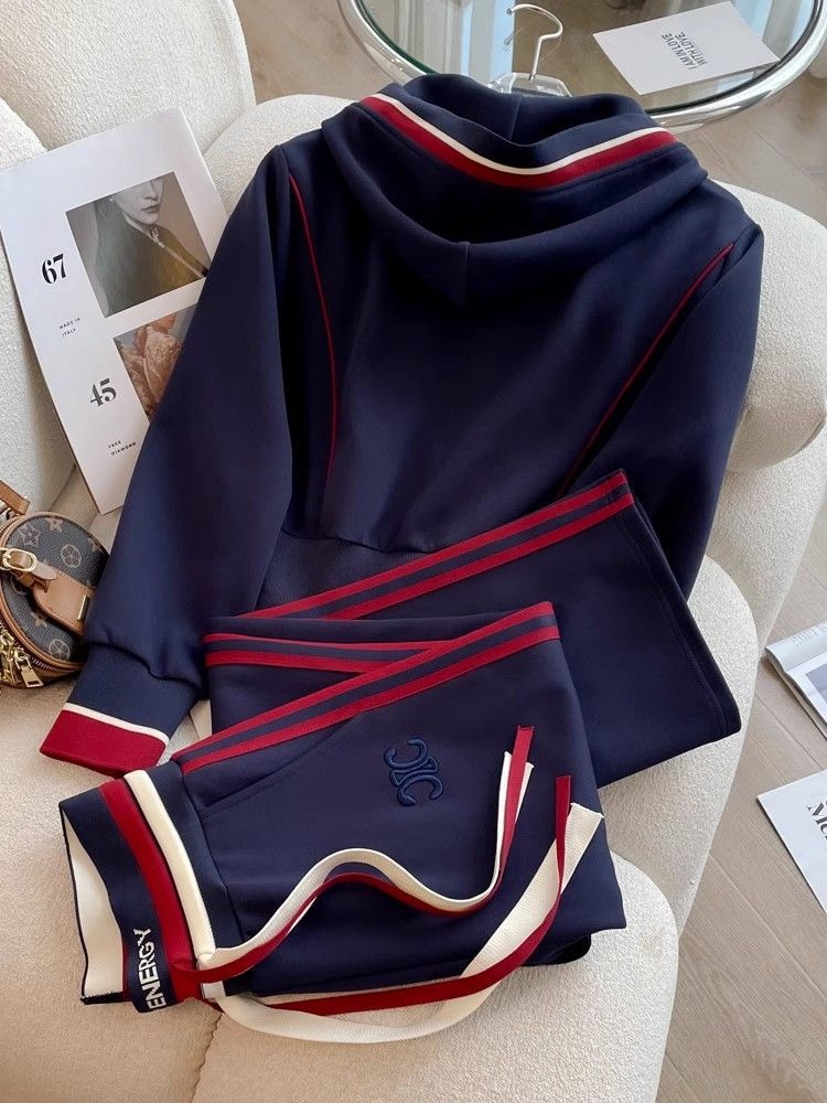 High-End Casual Sports Suit for Women Spring 2025 Autum New Fashionable European Hooded Sweatshirt Straight Pants Two-Piece Set